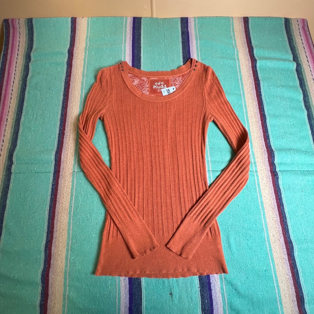 Mudd Ribbed Knit Top Women Large Orange L/S Studded Scoop Neck Y2K Cotton